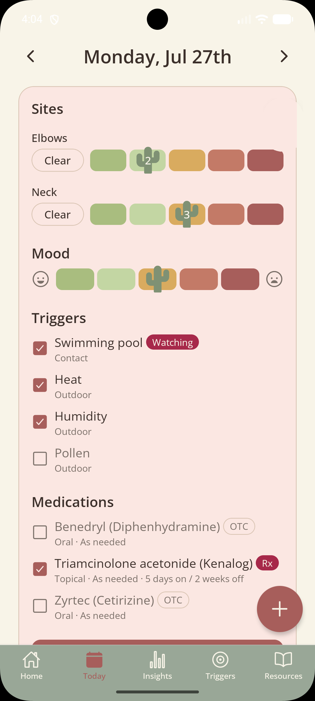 Screenshot of the Prickle daily log screen