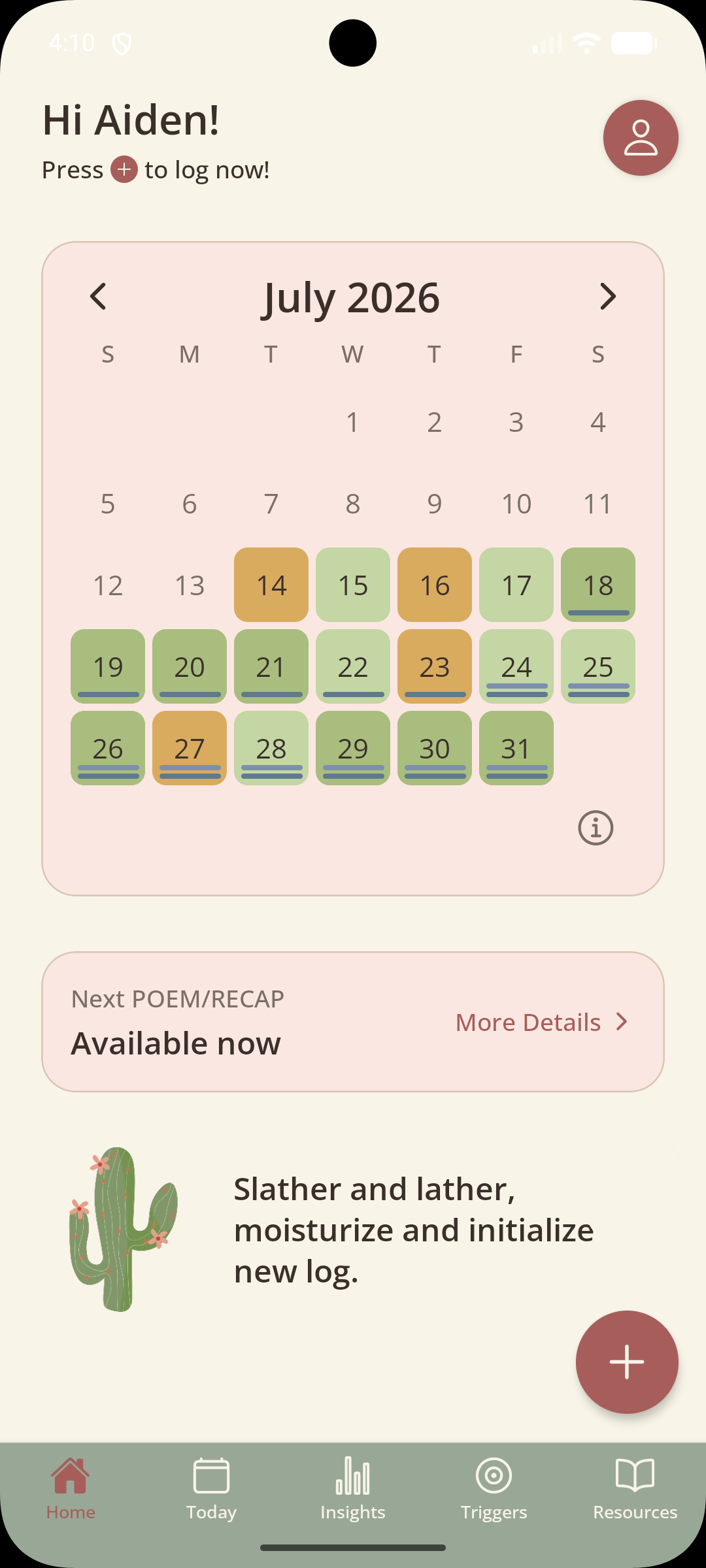 Screenshot of the Prickle home screen showing a monthly calendar of logged days