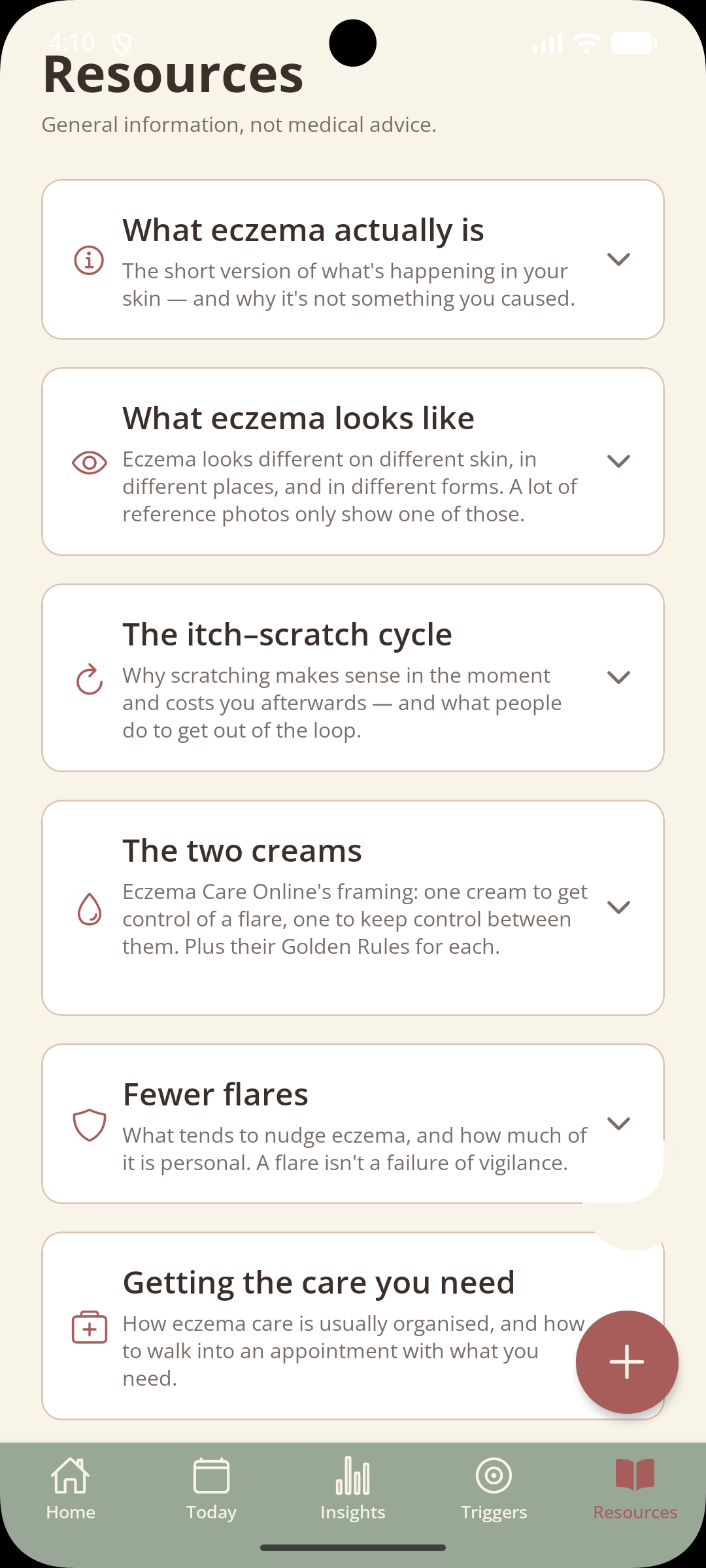 Screenshot of the Prickle resources screen with eczema education articles