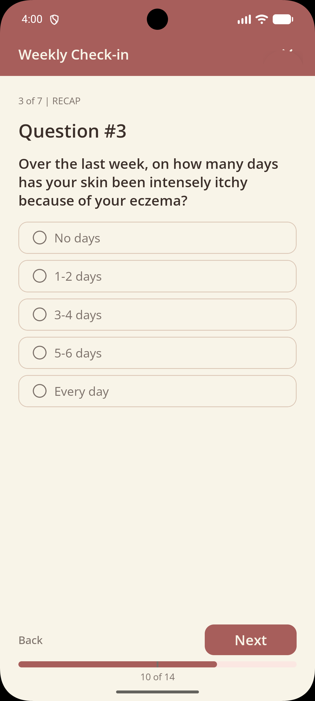 Screenshot of the Prickle weekly check-in screen